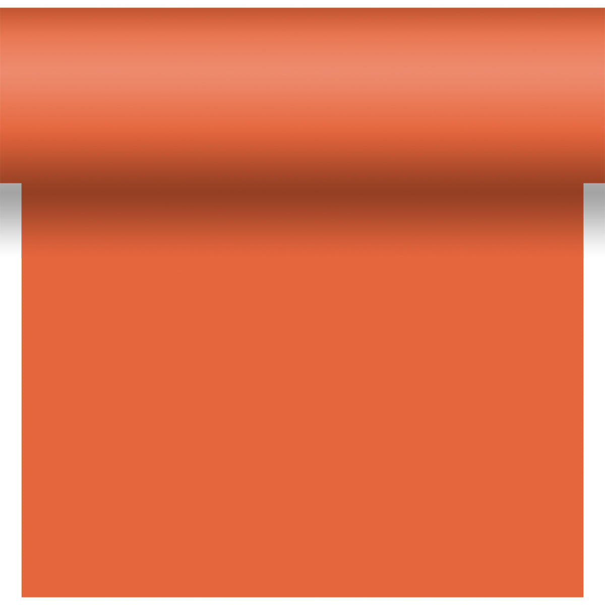 A roll of Bio-DC-Tete a Tete 0.4x24m by Duni GmbH in orange, partially unrolled downward on a white background with a shadow near the wavy top edge.