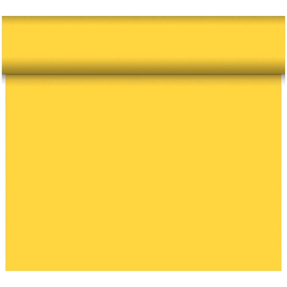 A partially unrolled yellow Bio-DC-Tete a Tete 0.4x24m by Duni GmbH lies against a solid background, with a large flat area in matching yellow made from biodegradable material.