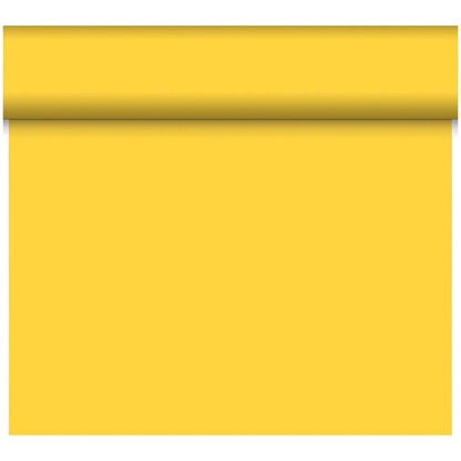 A partially unrolled yellow Bio-DC-Tete a Tete 0.4x24m by Duni GmbH lies against a solid background, with a large flat area in matching yellow made from biodegradable material.