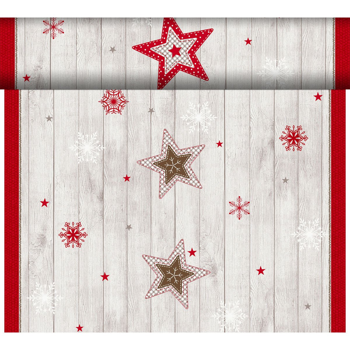 The Dunicel-Tete a Tete 0.4x24m from Duni GmbH features red, white, and brown stars with snowflakes on a light wood background with a red border - ideal as an elegant table runner for any festive table decoration.