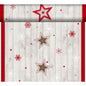 The Dunicel-Tete a Tete 0.4x24m from Duni GmbH features red, white, and brown stars with snowflakes on a light wood background with a red border - ideal as an elegant table runner for any festive table decoration.
