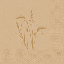 The Duni GmbH cellulose napkins 33 cm 3-ply 1/4-fold Meadow natural (50 pieces) are adorned with natural grass and grain prints, a dotted geometric border, and the "Duni" logo in the corner, providing additional natural aesthetics.