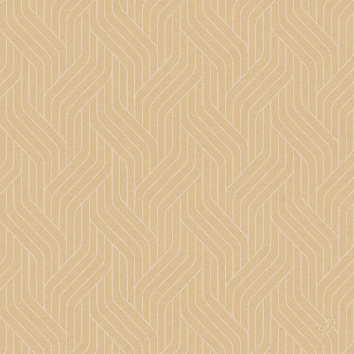 Light brown background with repeating, interlocking white chevron lines and a small circular logo at the bottom right, reflecting sustainable, Bio-Dunisoft napkin-inspired design. 40x40cm by Duni GmbH.