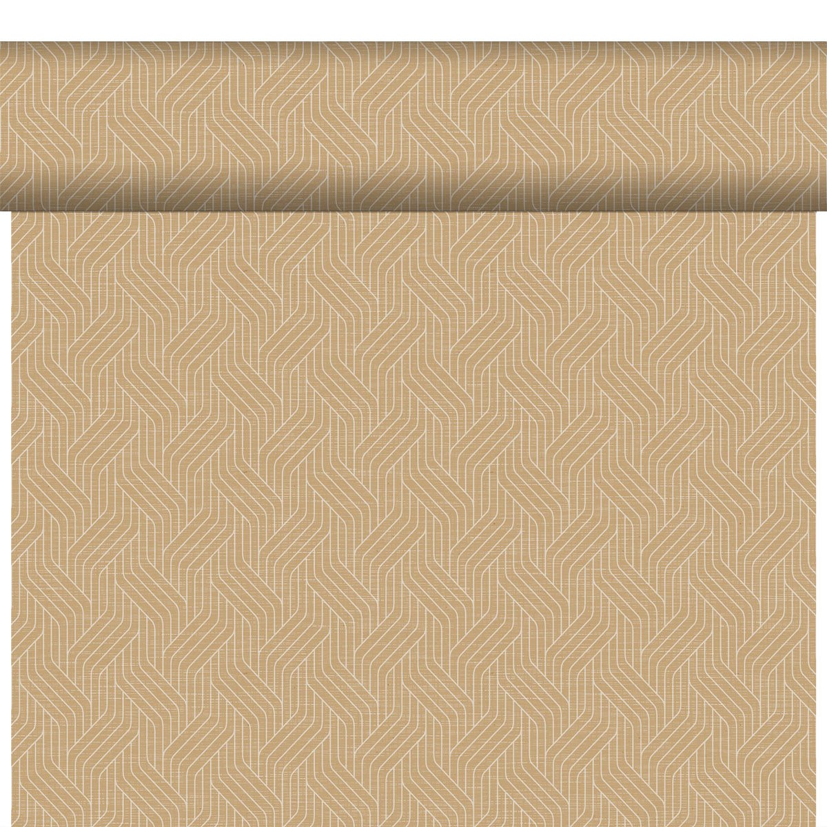 The Bio-DC-Tete a Tete 0.4x24m from Duni GmbH is a biodegradable, environmentally friendly wallpaper with a light brown background and repeating geometric light line patterns, partially unrolled and applied vertically.