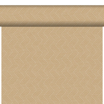 The Bio-DC-Tete a Tete 0.4x24m from Duni GmbH is a biodegradable, environmentally friendly wallpaper with a light brown background and repeating geometric light line patterns, partially unrolled and applied vertically.