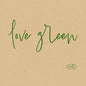 Green italic text reading "love green" appears on a brown paper background. At the bottom right is a small green oval logo with "DUNI" highlighting the organic Dunisoft napkin. 20x20cm eco-friendly napkins from Duni GmbH.