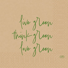 Beige cellulose napkins 33 cm, 3-ply by Duni GmbH with green "live green, think green, love green" lettering and geometric dot patterns. Environmentally friendly. Pack of 50 pieces.