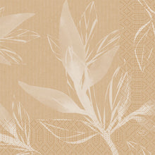 A beige background with a subtle, dotted hexagon pattern and large, semi-transparent white leaf graphics provides a gentle, botanical touch - ideal for Duni GmbH cellulose napkins 33 cm 3-ply 1/4-fold natural color (250 pieces, biodegradable).