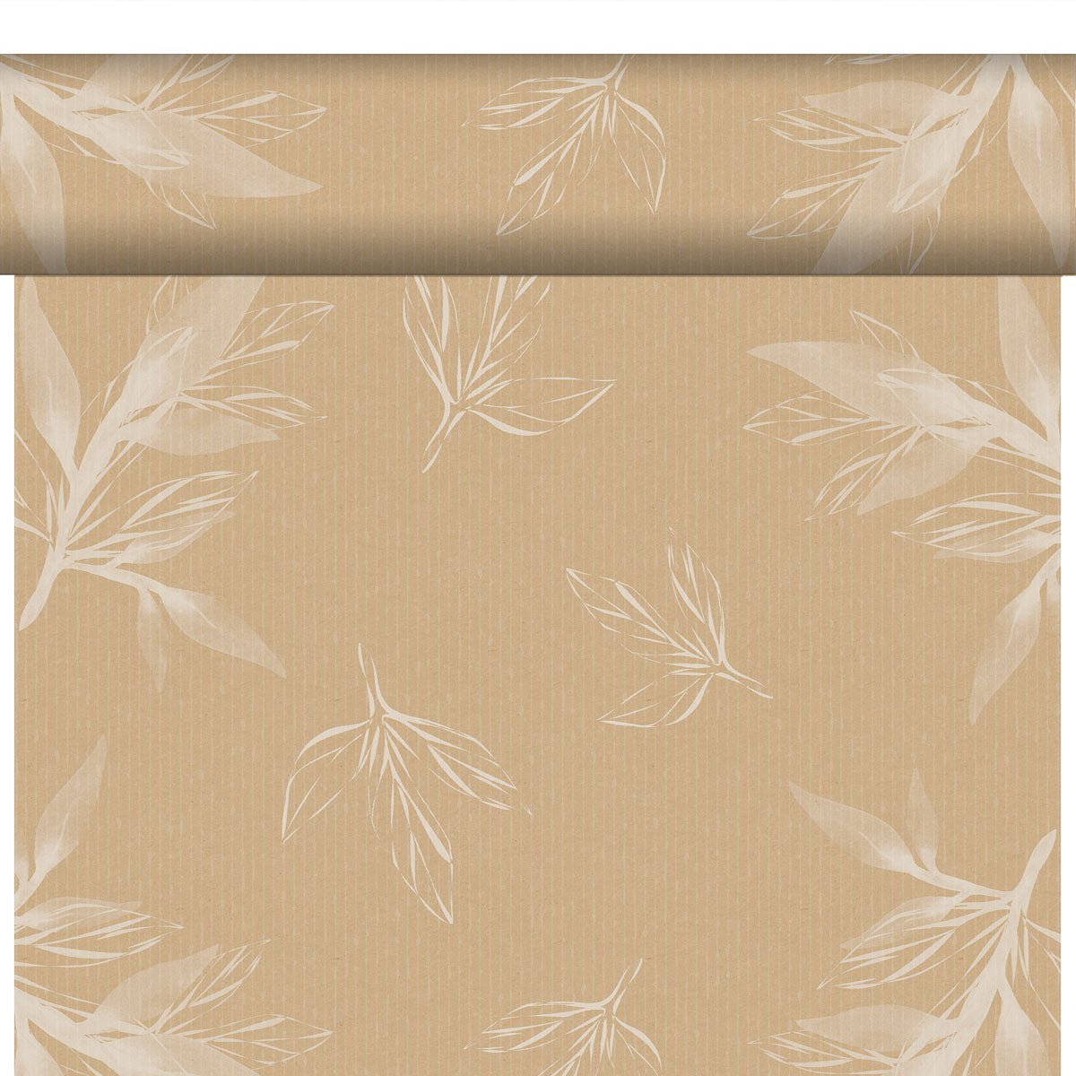 The Bio-DC-Tete a Tete 0.4x24m from Duni GmbH is a light brown, environmentally friendly wallpaper with a subtle vertical pinstripe and white, sketch-like botanical leaf patterns.