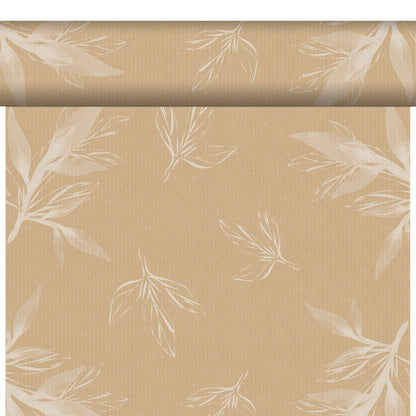 The Bio-DC-Tete a Tete 0.4x24m from Duni GmbH is a light brown, environmentally friendly wallpaper with a subtle vertical pinstripe and white, sketch-like botanical leaf patterns.