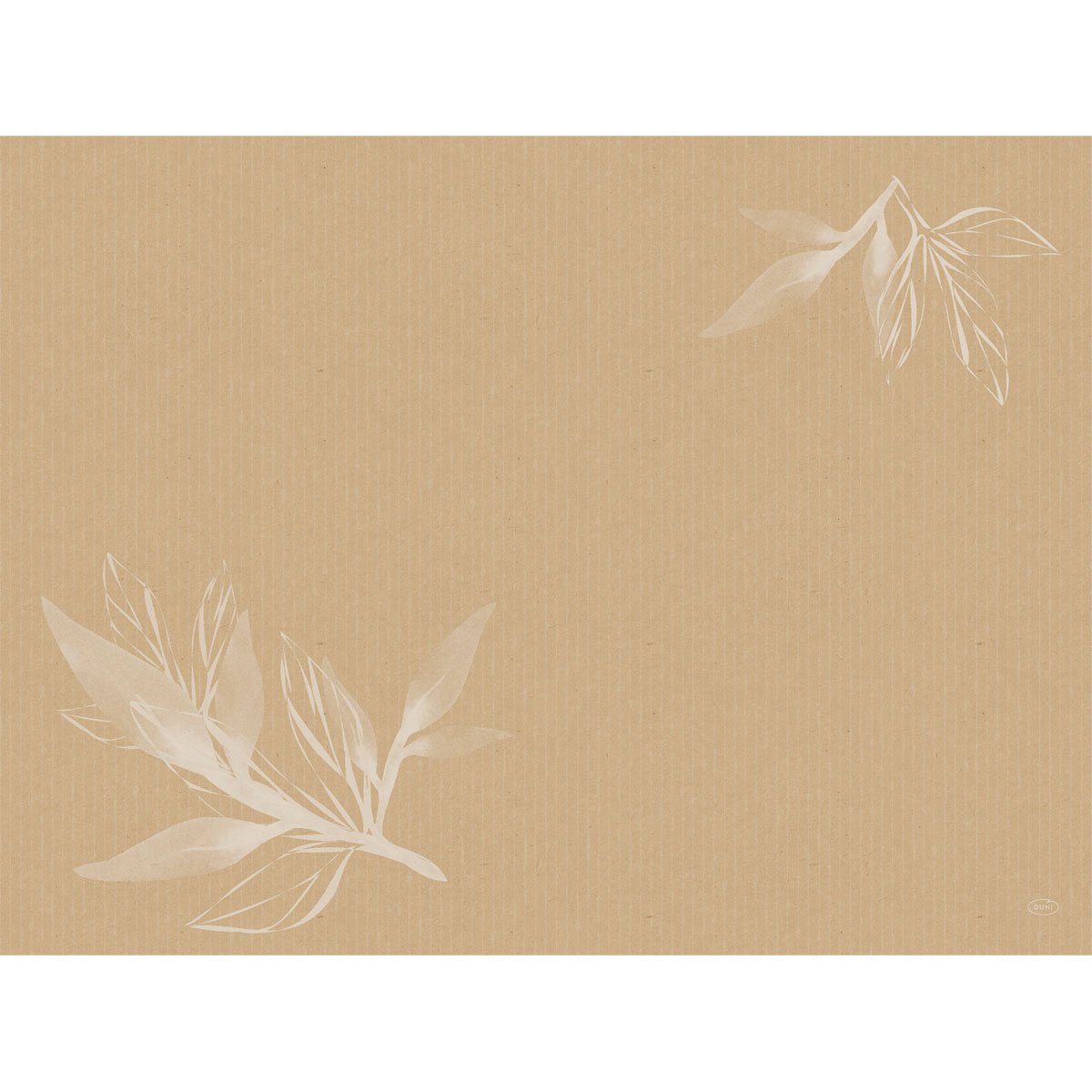 A light brown background with subtle vertical stripes and white botanical illustrations in the corners - ideal for presenting Bio-Dunicel sets 30x40 placemat | Pack (100 pieces) by Duni GmbH.