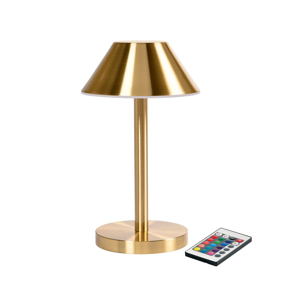 The LED lamp Zelda Midi in brass by Duni GmbH with a small lampshade offers stylish, energy-efficient lighting for your home and can be conveniently placed next to a remote control. Package: 1 piece.