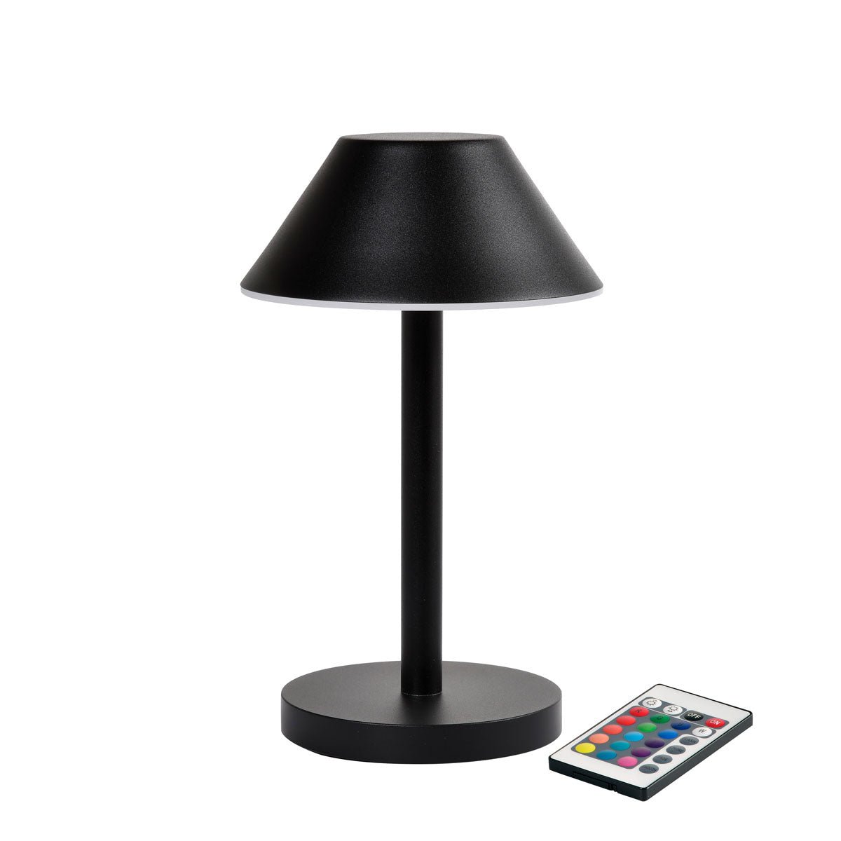 The LED lamp Zelda Midi by Duni GmbH in a modern graphite design with a round base and conical shade stands next to a remote control with colorful buttons - the ideal, energy-efficient lighting solution.
