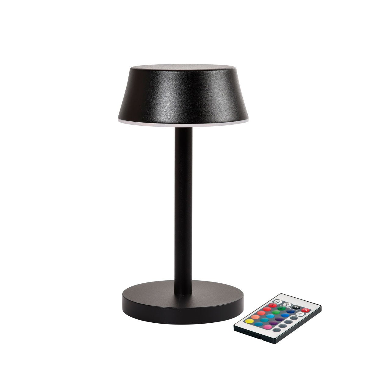 The Nour Midi LED lamp in graphite by Duni GmbH features a modern cylindrical base and a flat round shade. It comes with a remote control and impresses with innovative features and a stylish design - perfect for modern table lighting.