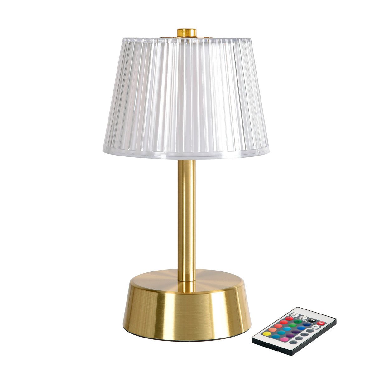 The LED lamp Jay Brass by Duni GmbH, an energy-saving table lamp with a golden base and a clear pleated lampshade, comes with a remote control for color selection. Contains 1 piece.