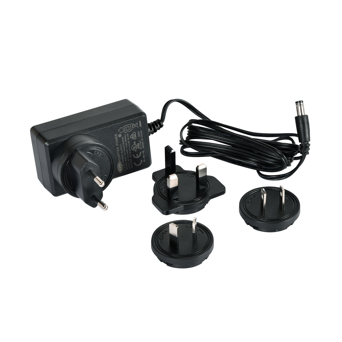 A black power adapter from Duni GmbH with a detachable cable and four plug attachments, compatible as a replacement adapter for LED charging station 206437 - High-quality adapter (1 piece), shown on a white background.