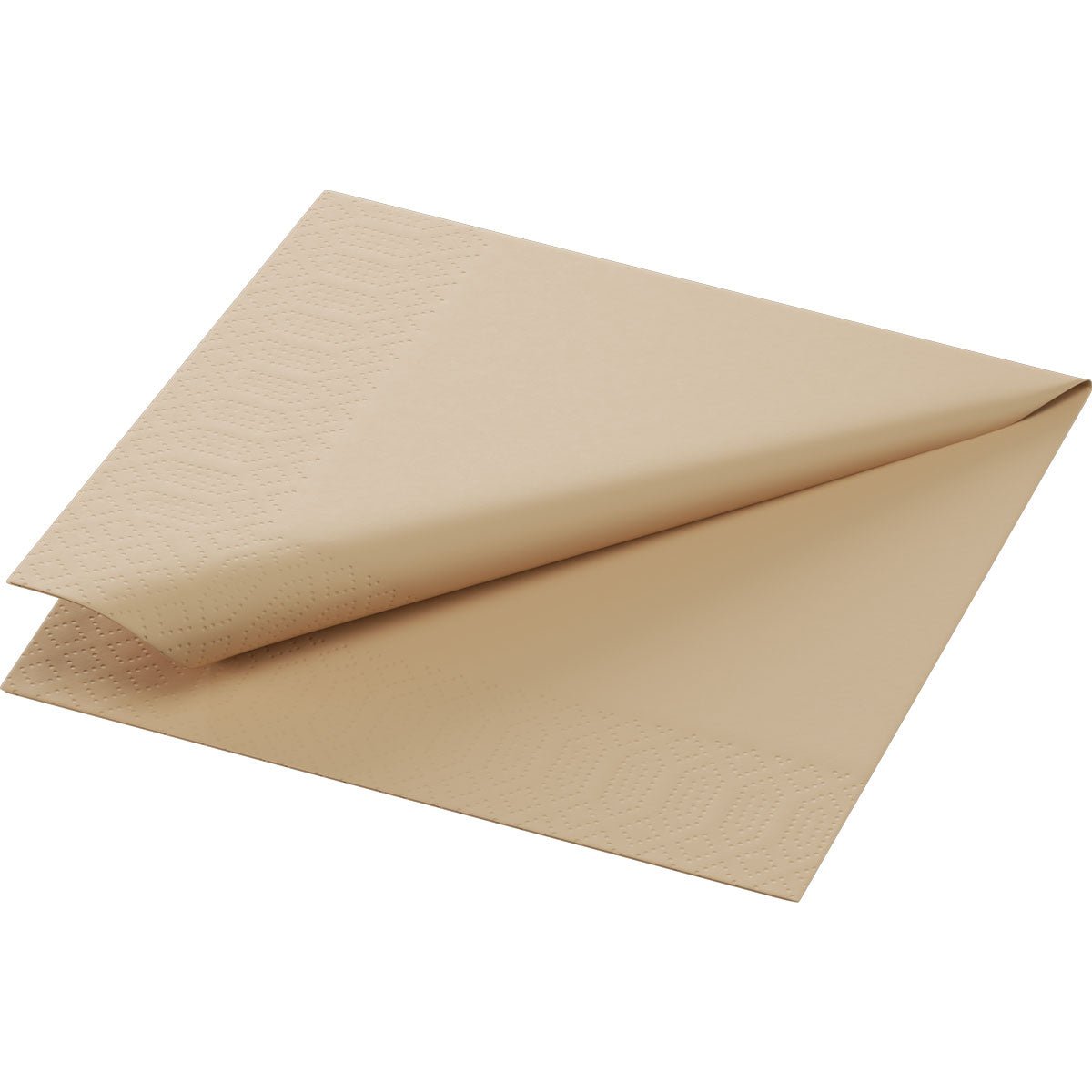 A cell tissue napkin 24x24 2-ply 1/4 fold natural brown, unbleached by Duni GmbH, diagonally folded with embossed edge, lies on a white background.