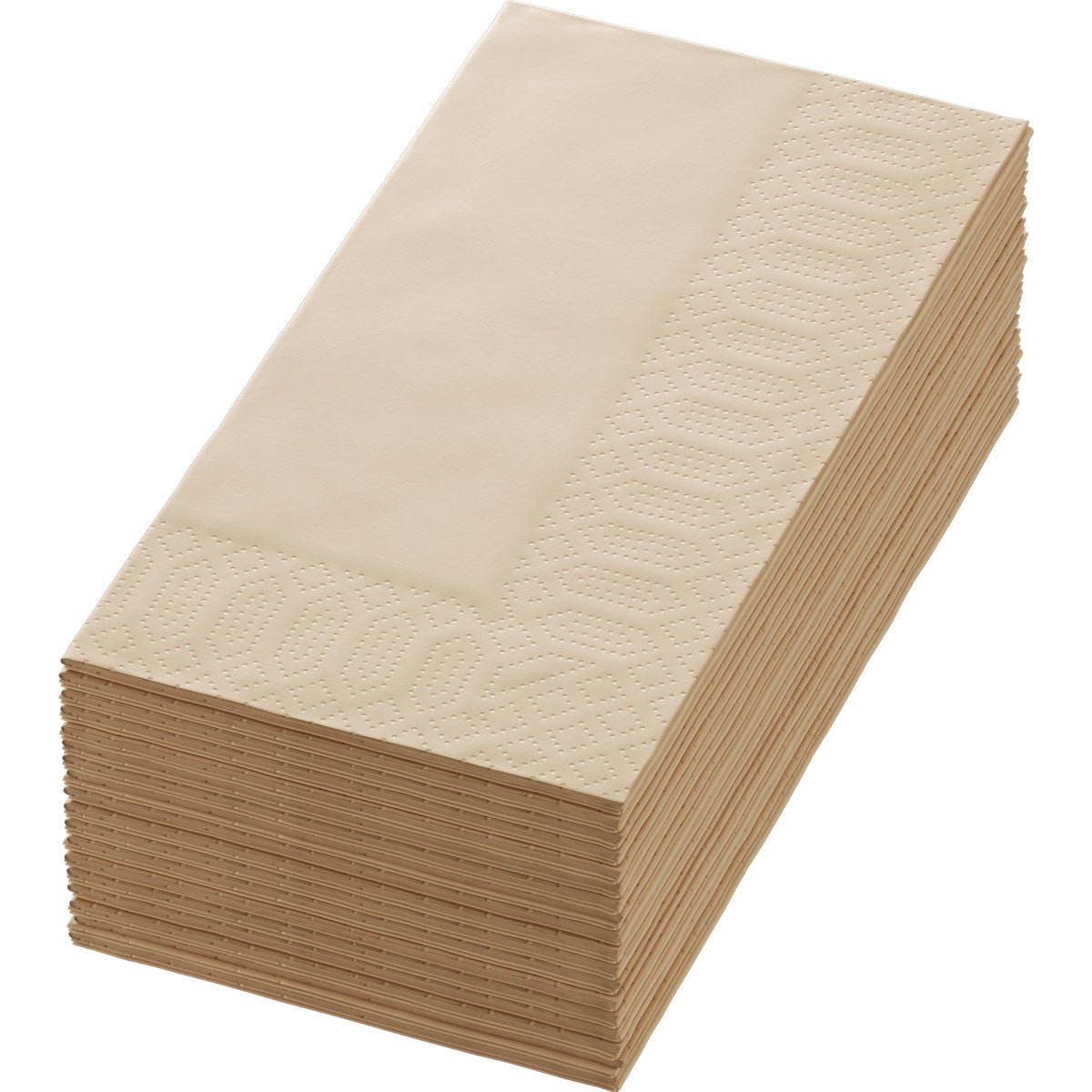 A stack of Duni GmbH Zellt.-Serv.40x40 2-ply BF. natural brown napkins (300 pieces) with decorative embossed edge, made of high-quality 2-ply paper, neatly arranged in a rectangular shape.