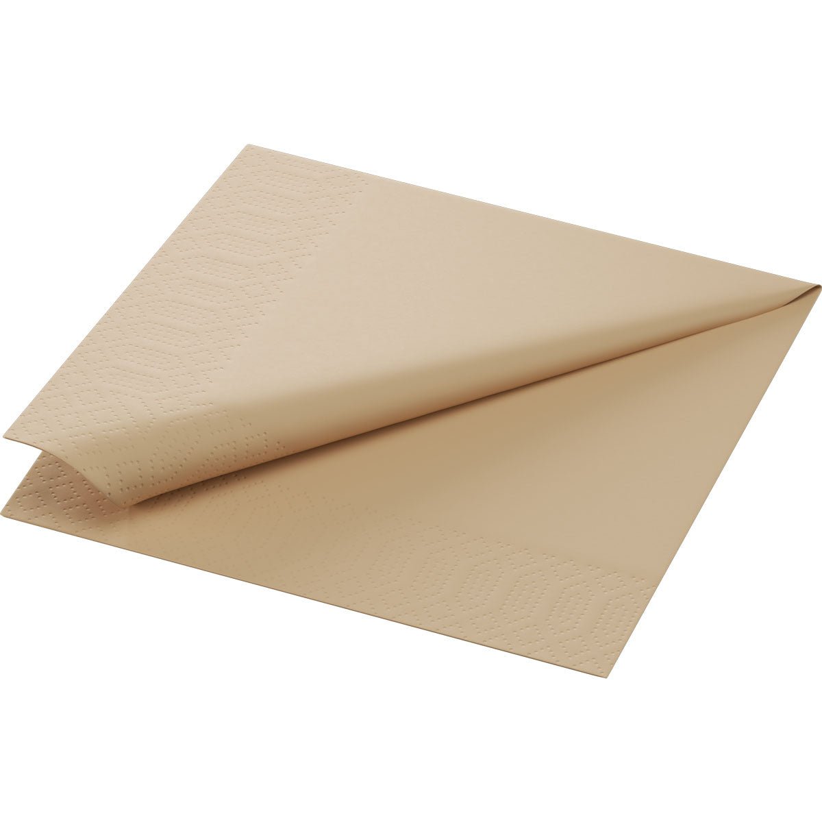 A dispenser napkin 1-ply natural brown unbleached napkin by Duni GmbH (750 pieces/package) is folded on a white background and features a subtle embossed pattern on the edge.