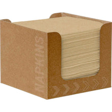 A pack of 50 Duni GmbH Bio-Dunisoft napkins (20x20 cm, natural brown) is in a plain box labeled "NAPKINS" with arrows, open at the front to show the eco-friendly edges.