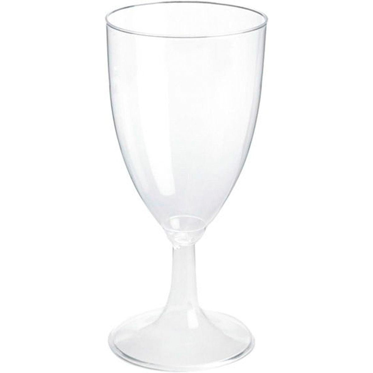 The Duni GmbH wine glass PS, 215ml (pack of 4 pieces), made of transparent plastic, impresses with a smooth bowl, slender stem, and round base. Photographed on a white background.