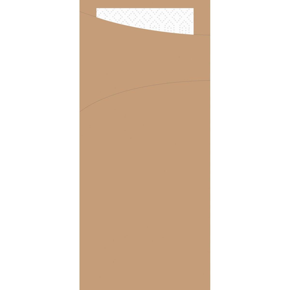 The SACCHETTO 190x85mm eco brown from Duni GmbH is partially hidden behind a large light brown surface with subtle curves. It features a dotted white design and uses recyclable materials for an eco-friendly touch.
