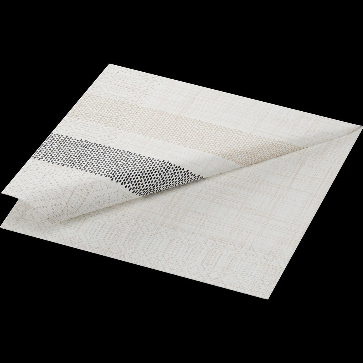 The white square dispenser napkin 33x33 Rigato black napkin from Duni GmbH is folded at one corner and features a textured, horizontal pattern in beige, gray, and black - ideal for stylish presentation in the catering industry. Package: 300 pieces.