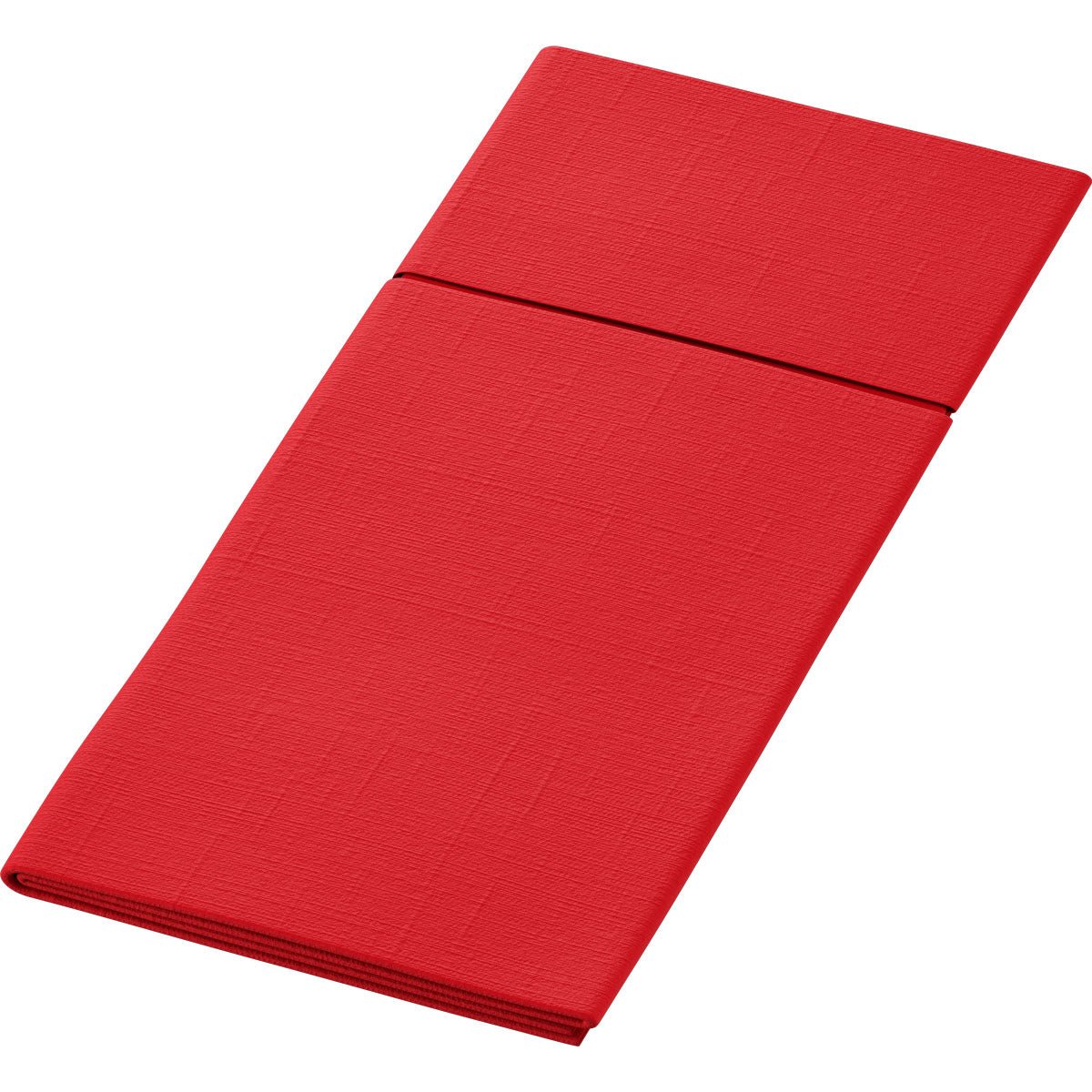 The Duniletto-Slim 40x33cm by Duni GmbH is a rectangular red fabric napkin with a subtle texture pattern, perfect for combining with hygienic bases to set a clean and elegant table.