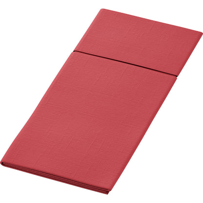 A folded, rectangular red Duniletto-Slim 40x33cm napkin by Duni GmbH with a textured pattern on a white background - perfect as hygienic bases for a stylishly set table.