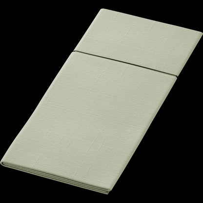 A neatly folded, light green Duniletto-Slim 40x33cm fabric by Duni GmbH with a subtle texture pattern, commonly used as a hygienic base, stands against a black background.