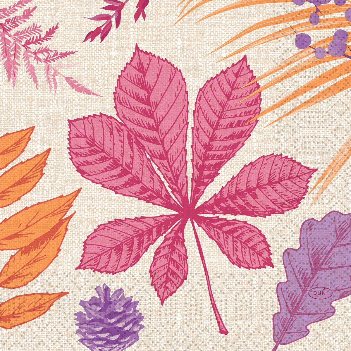 A lively digital design on the napkins 33x33 3-ply 1/4 Bright Autumn (250 pieces) by Duni GmbH shows pink, orange and purple leaves, berries and a pine cone on beige. In the center is a large pink veined leaf - perfect for autumn tables.