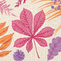 A lively digital design on the napkins 33x33 3-ply 1/4 Bright Autumn (250 pieces) by Duni GmbH shows pink, orange and purple leaves, berries and a pine cone on beige. In the center is a large pink veined leaf - perfect for autumn tables.