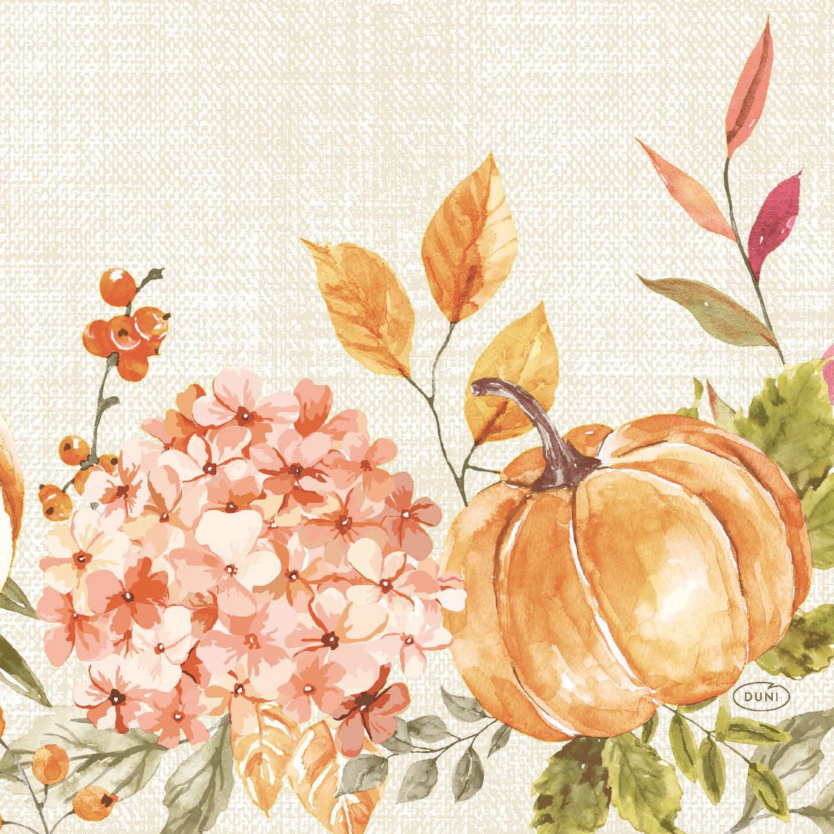 The napkins 33x33 3-ply 1/4 Spicy Pumpkin by Duni GmbH feature a watercolor spice pumpkin, hydrangea blossoms, orange berries, and autumn leaves - ideal for autumnal design in warm, earthy tones. Package (50 pieces).