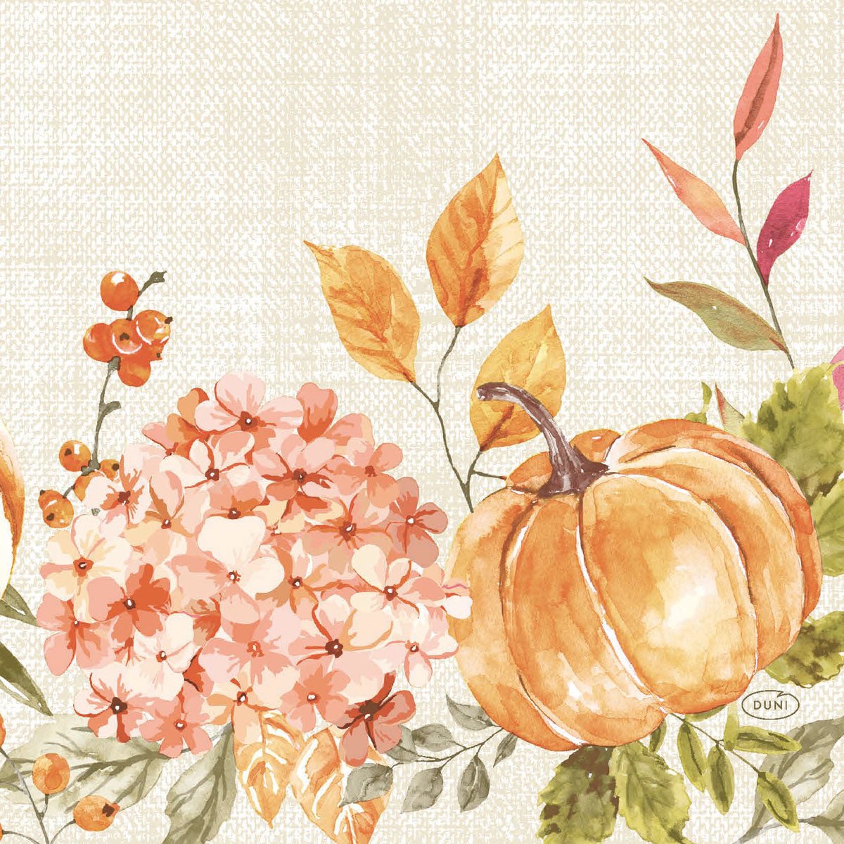 Artistic autumn motif with Spicy Pumpkin, pink hydrangeas, green leaves and foliage on beige. Ideal for Duni GmbH napkins 33x33 3-ply 1/4 Spicy Pumpkin | Pack (250 pieces). Perfect autumnal touch for any table.