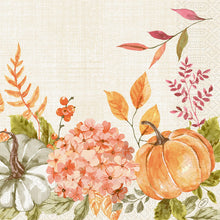 Watercolored orange and green pumpkins, Spicy Pumpkin tones, pink hydrangeas, and autumn leaves adorn the bottom edge - ideal for Duni GmbH napkins 40x40 3-ply 1/4 Spicy Pumpkin (pack of 250 pieces) designs.