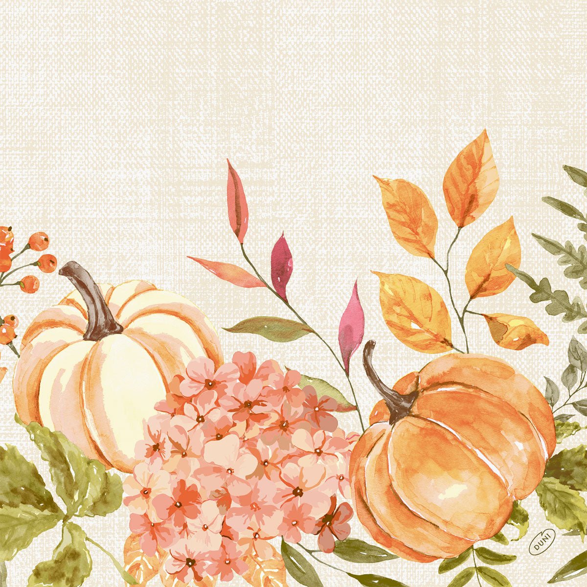 Two orange pumpkins in the "Spicy Pumpkin" design sit amidst pink blossoms and autumn leaves on a beige background - this delicate watercolor motif enhances the Duni GmbH napkins 40x40 4-ply Classic Spicy Pumpkin (pack of 50 pieces).