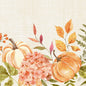 Two orange pumpkins in the "Spicy Pumpkin" design sit amidst pink blossoms and autumn leaves on a beige background - this delicate watercolor motif enhances the Duni GmbH napkins 40x40 4-ply Classic Spicy Pumpkin (pack of 50 pieces).
