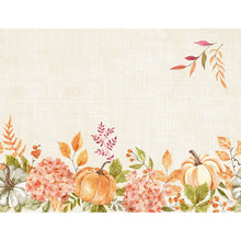 Watercolored spice pumpkin, hydrangeas, and autumn leaves in orange, green, and beige on a textured, cream-colored background. Ideal for Duni GmbH paper placemats 30x40cm Spicy Pumpkin | Pack (250 pieces), with a cluster of leaves in the top right corner.