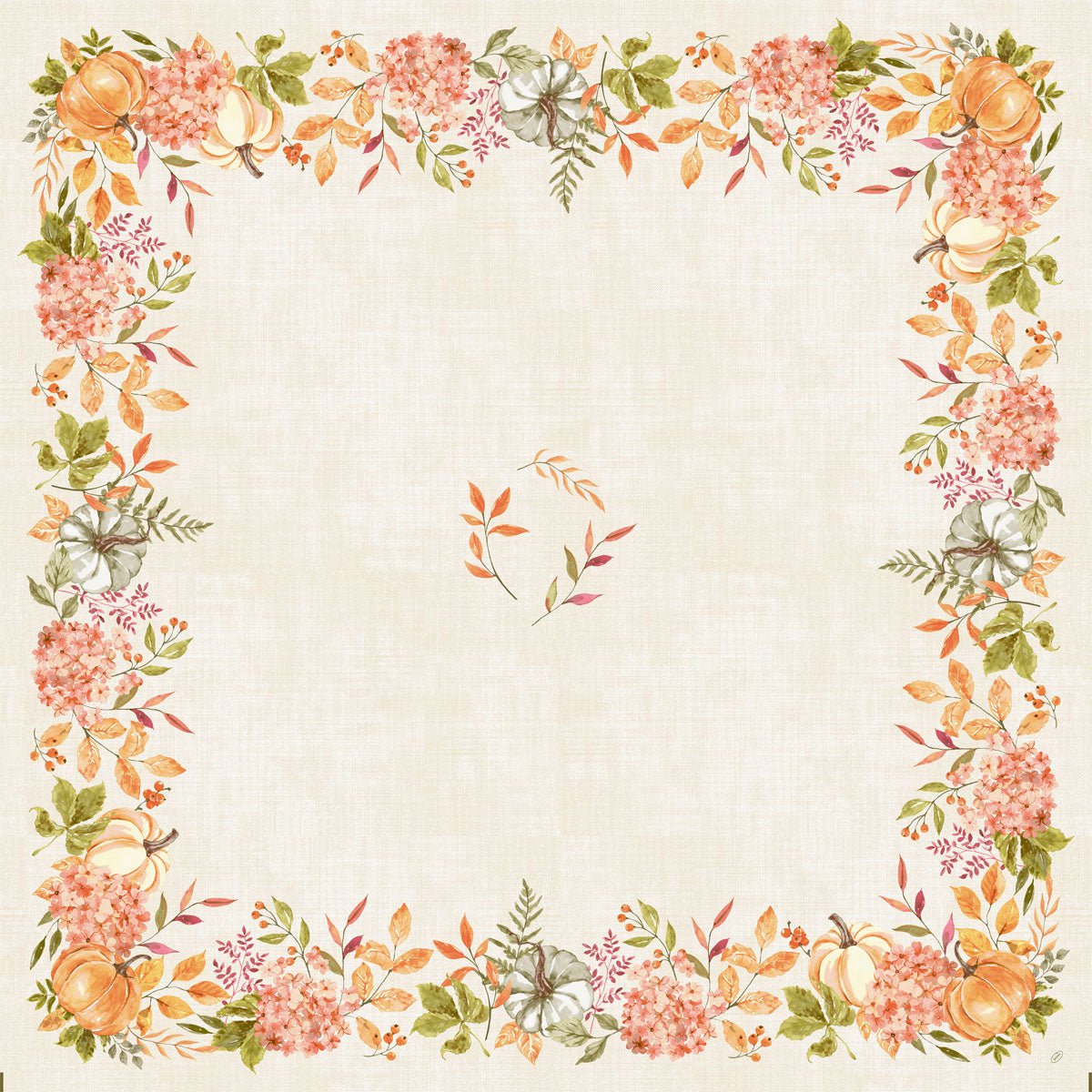 A square beige Dunisilk+ tablecloth (84x84cm) from Duni GmbH with autumn flowers, leaves, and pumpkins in warm tones - ideal as table decoration or matching your Spicy Pumpkin pack (20 pieces); with a central bunch of leaves.