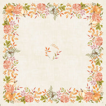A square beige Dunisilk+ tablecloth (84x84cm) from Duni GmbH with autumn flowers, leaves, and pumpkins in warm tones - ideal as table decoration or matching your Spicy Pumpkin pack (20 pieces); with a central bunch of leaves.