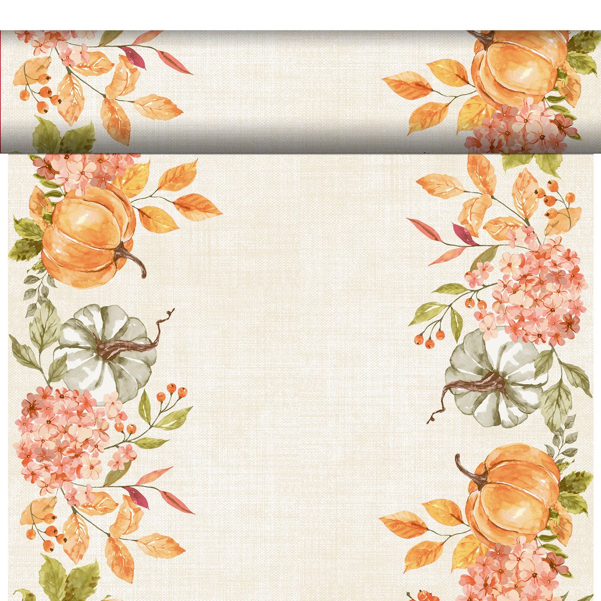 A beige background with a border of watercolor pumpkins, hydrangeas, berries, and autumn leaves - ideal for an eco-friendly Bio-Dunicel Tete-a-Tete table runner 0.4x24m from Duni GmbH.