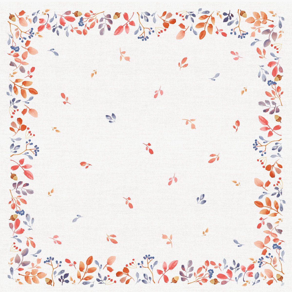 A white, square background with a border of watercolor autumn leaves and berries creates a simple, symmetrical design - perfect for autumn table decoration and beautiful in combination with the Duni GmbH Bio-Dunicel table cover 84x84cm Autumn Gradient (20 pieces).