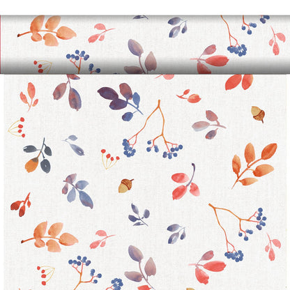 The Bio-Dunicel Tete-a-Tete table runner 0.4x24m from Duni GmbH features a seamless white fabric with vibrant watercolor autumn leaves, berries, acorns, and branches - ideal for decorating your table with eco-conscious style.