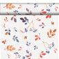 The Bio-Dunicel Tete-a-Tete table runner 0.4x24m from Duni GmbH features a seamless white fabric with vibrant watercolor autumn leaves, berries, acorns, and branches - ideal for decorating your table with eco-conscious style.