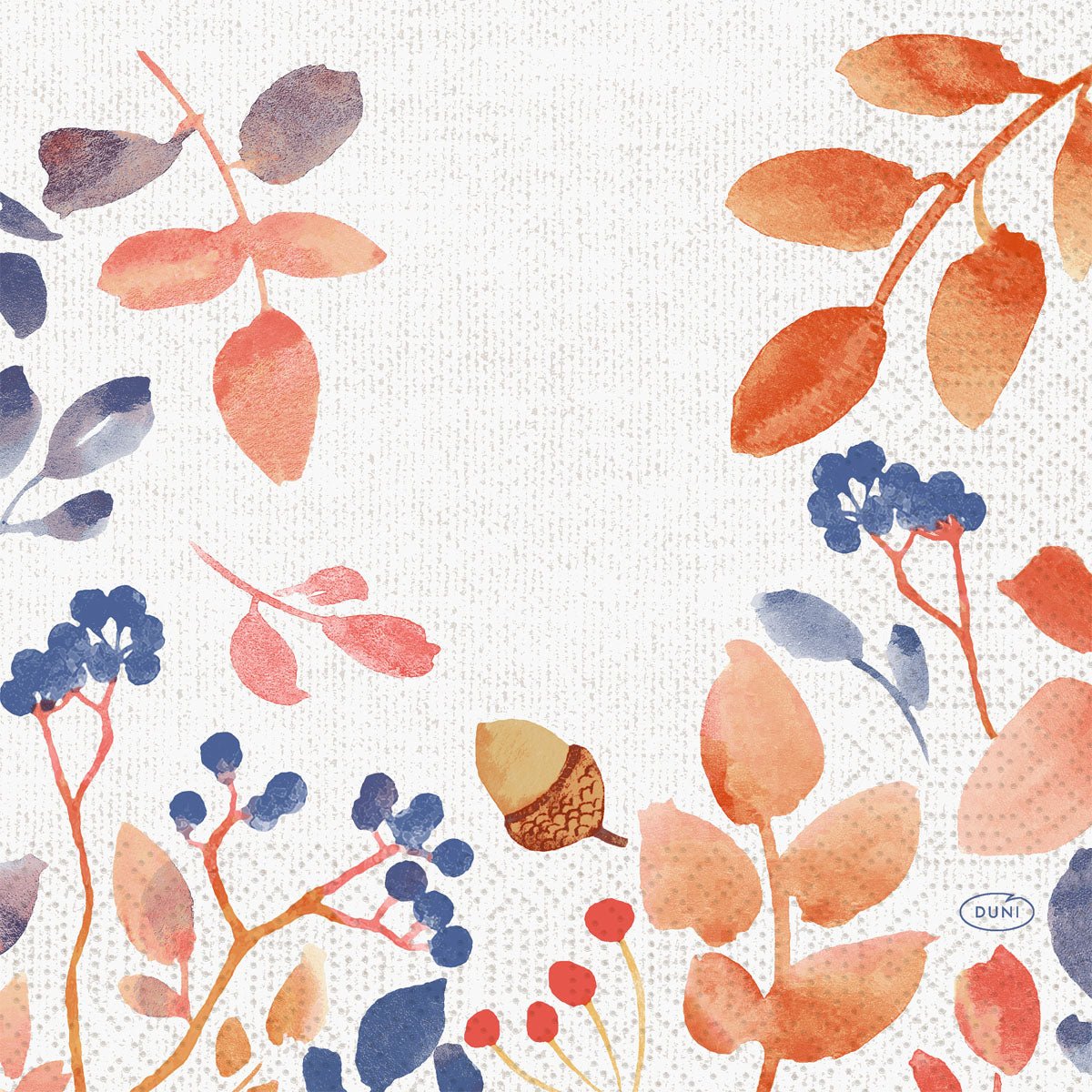 Watercolored autumn leaves, berries, and acorns in orange, red, and blue on a white, textured background - perfect for autumn table decorations with Duni GmbH napkins 33x33 3-ply 1/4 Autumn Gradient (pack of 50 pieces).