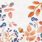 Watercolored autumn leaves, berries, and acorns in orange, red, and blue on a white, textured background - perfect for autumn table decorations with Duni GmbH napkins 33x33 3-ply 1/4 Autumn Gradient (pack of 50 pieces).