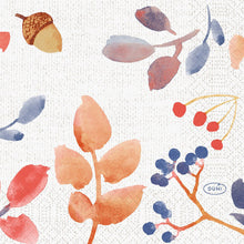 A structured white background with watercolored acorns, berries, and leaves creates an enchanting autumn look for Duni GmbH napkins 24x24 3-ply 1/4 Autumn Gradient (50 pieces). The "DUNI" logo is depicted on a small blue oval.