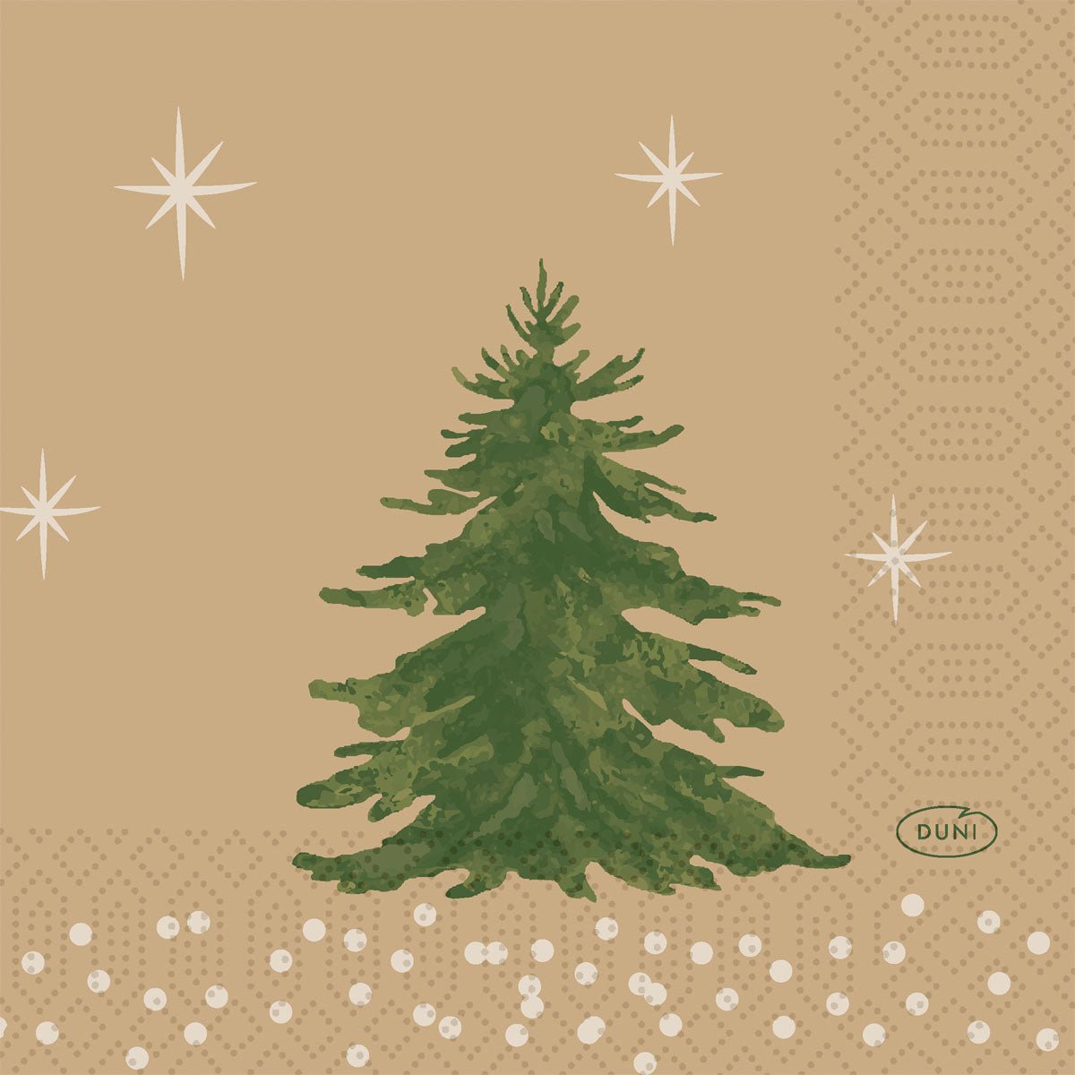 A green Christmas tree on a light brown background with white stars and geometric patterns adorns the 24x24 3-ply napkins "Humble Trees" (250 pieces) from Duni GmbH. The small "DUNI" logo is located in an oval at the bottom right, and the napkins are environmentally friendly.