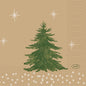 A green Christmas tree on a light brown background with white stars and geometric patterns adorns the 24x24 3-ply napkins "Humble Trees" (250 pieces) from Duni GmbH. The small "DUNI" logo is located in an oval at the bottom right, and the napkins are environmentally friendly.