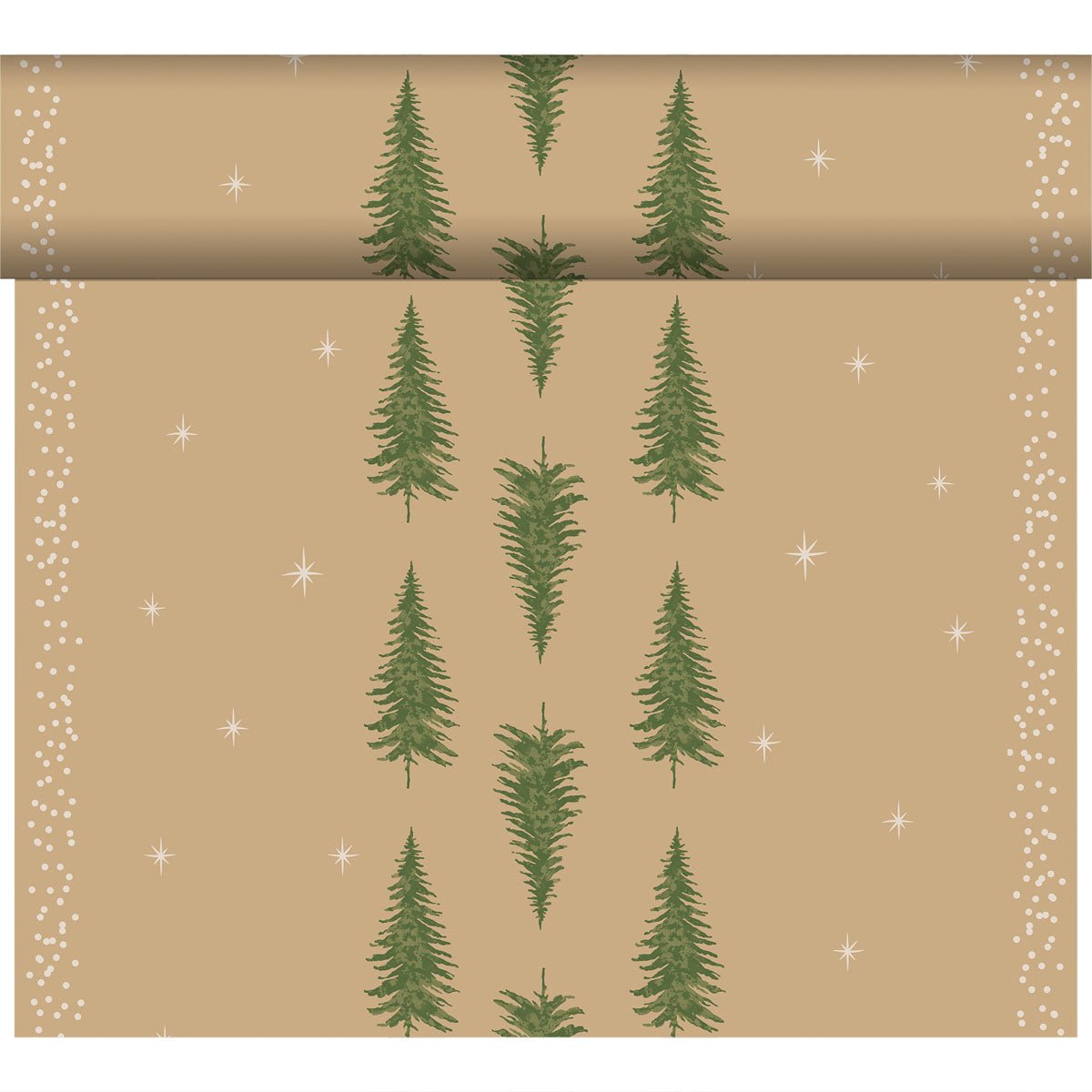 A roll of light brown wrapping paper with green evergreens, white dots, and stars - perfect for setting an eco-friendly table with the organic Dunicel-Tete a Tete 0.4x24m from Duni GmbH.